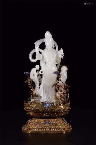 A Chinese Carved Jade Figure of Buddha with Gilt Bronze Stand