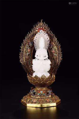 A Chinese Carved Jade Figure of Buddha with Gilt Bronze Stand