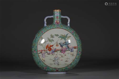 A Chinese Turquoise-Green Ground Famille-Rose Porcelain Moon Flask