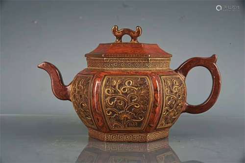 A Chinese Wooden-Pattern Glazed Porcelain Tea Pot