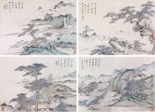 吴湖帆款山水册页四开