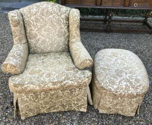 Contemporary Brocade Fabric Arm Chair & Ottoman