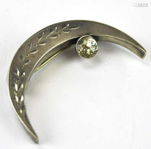 Antique 19th C Sterling Paste Crescent Moon Brooch