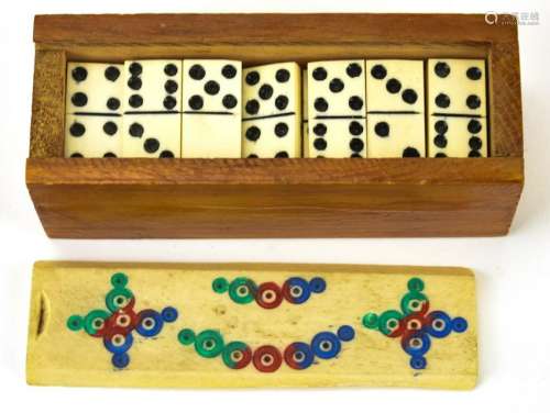 Antique Miniature Boxed Game Carved Bone Dominoes
