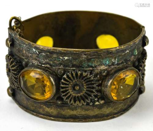Antique Hinged Bangle Bracelet w Citrine Crystals