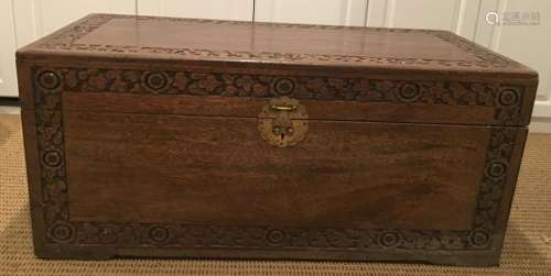 Hand Carved Wooden Trunk W Brass Hardware