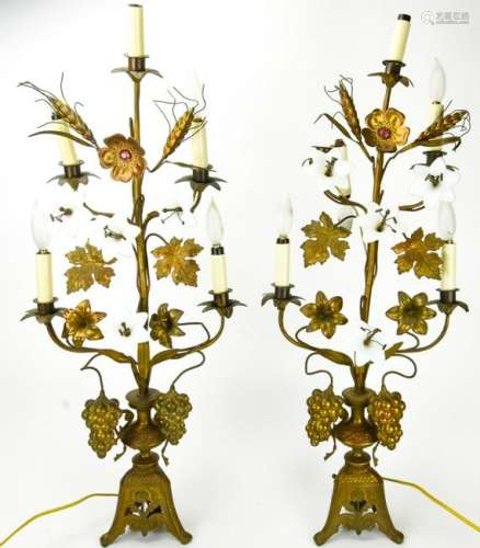 Pair Hollywood Regency Style Gilt Floral Lamps