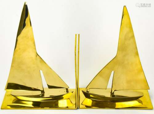 Pair Mid Century Brass Sailboat Bookends
