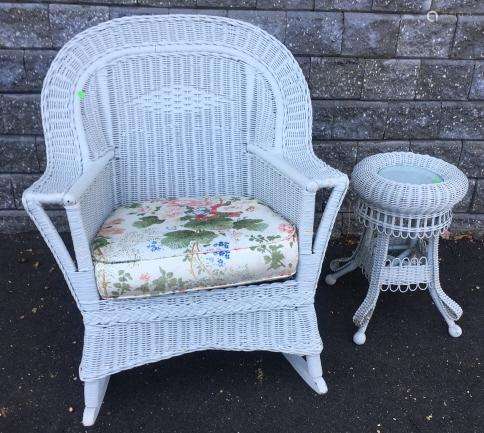 White Wicker Arm Chair & Side Table