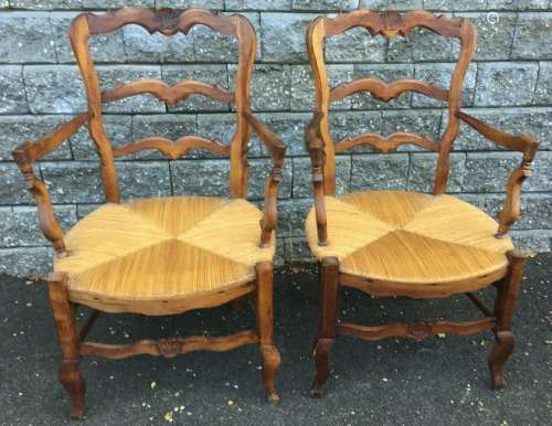 Pair Country Style Ladder Back Arm Chairs