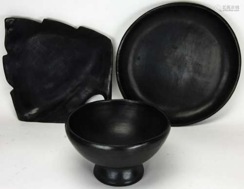 3 Southwest Style Black Stoneware and Wood Vessels