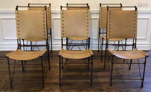 6 Custom Made Leather & Wrought Iron Dining Chairs