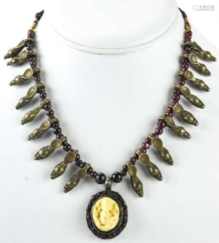 Vintage Carved Garnet & Bone Ganesha Necklace