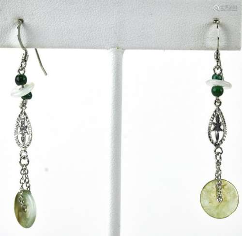 Pair Sterling Silver & Jade Art Deco Style Earring