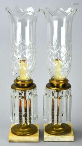 Pair Antique Crystal & Brass Hurricanes