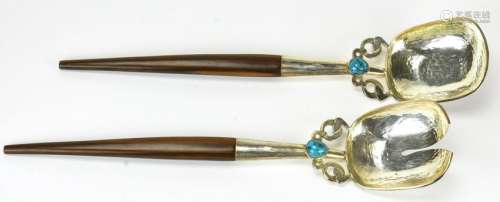 Pair Sterling Silver & Turquoise Salad Tongs