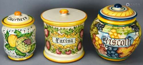 3 Italian Hand Painted Pottery Canisters