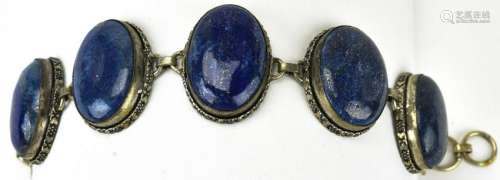 Vintage Bracelet w 5 Large Lapis Lazuli Cabochons