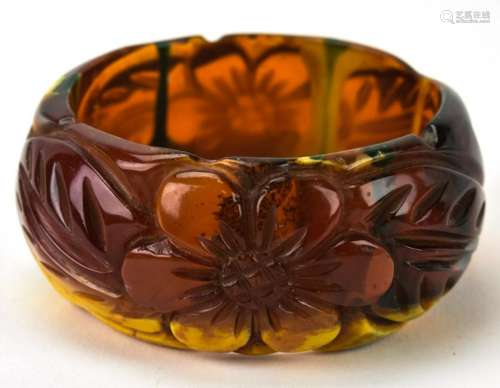 Large Carved Faux Amber Bakelite Bangle Bracelet