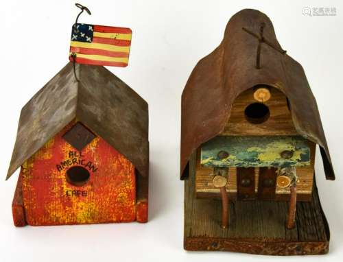 Pair Artisan Made Metal & Wood Birdhouses