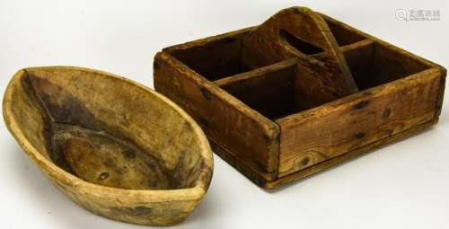 Vintage Hand Carved Dough Bowl & Tool Box