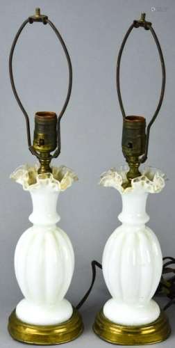 Pair Antique Ruffled Milk Glass Lamps