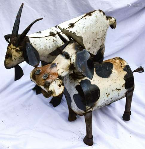 Pair Folk Art Tole Metal Outdoor Cow + Goat