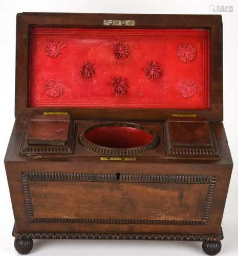Antique English Flame Mahogany Carved Tea Caddy