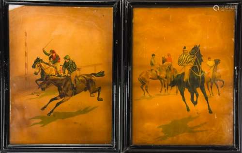 Pair Antique English Prints of Jockeys + Horses
