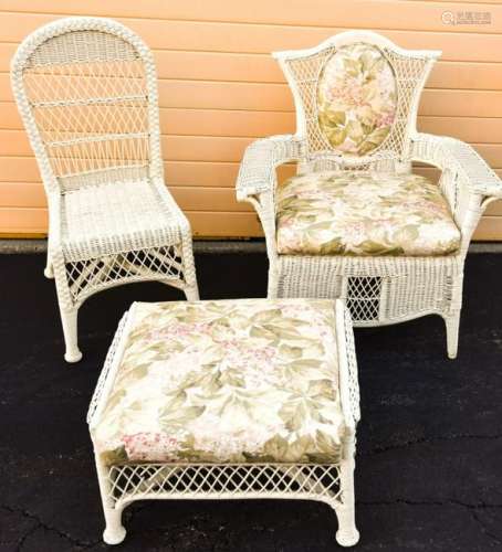 2 White Wicker Chairs & Ottoman