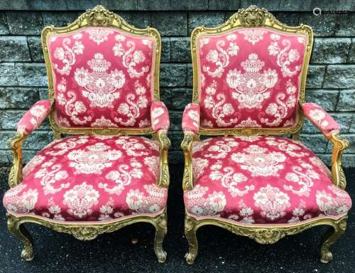 Pair Louis XV Style Upholstered Arm Chairs
