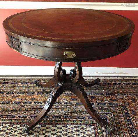 Antique Sheraton Pedestal Leather Top Round Table