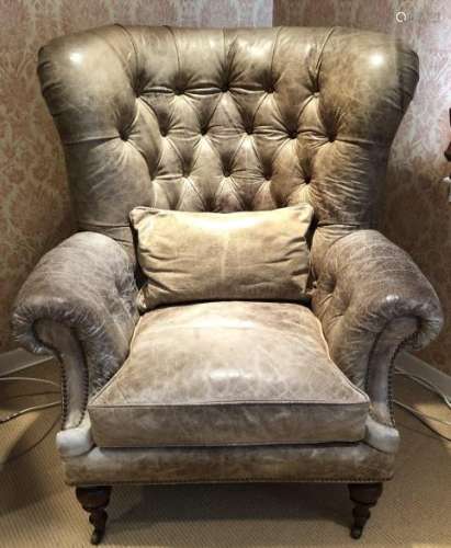 Chesterfield Style Distressed Leather Wing Chair