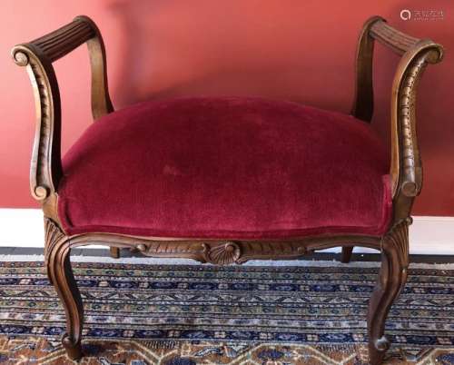 Antique French Rococo Carved Upholstered Bench