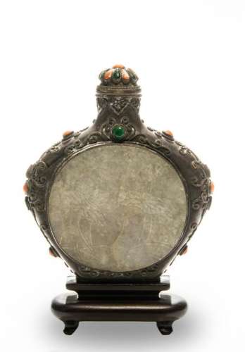 Chinese Metal Snuff Bottle with Jadeite, 19th Century