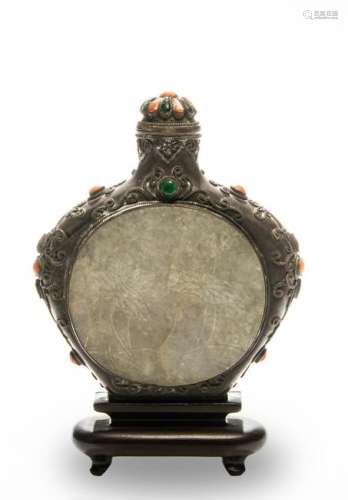 Chinese Metal Snuff Bottle with Jadeite, 19th Century