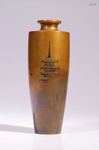 VERY FINE BRONZE VASE DEPICTING A TEMPLE AND BIRDS