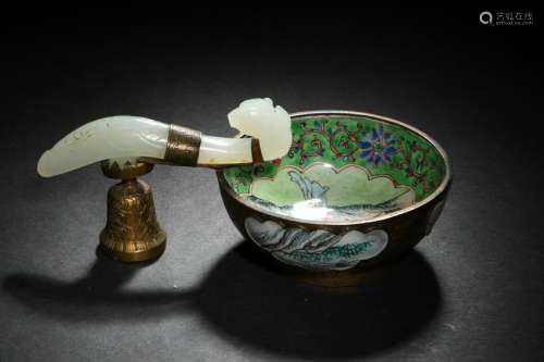 Republic Period Enamel Bowl with 19th Century Jade