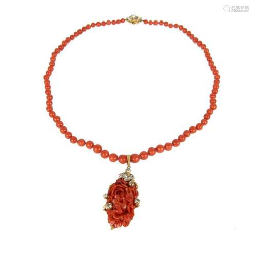 14K Gold & Carved Red Coral with Diamonds Necklace