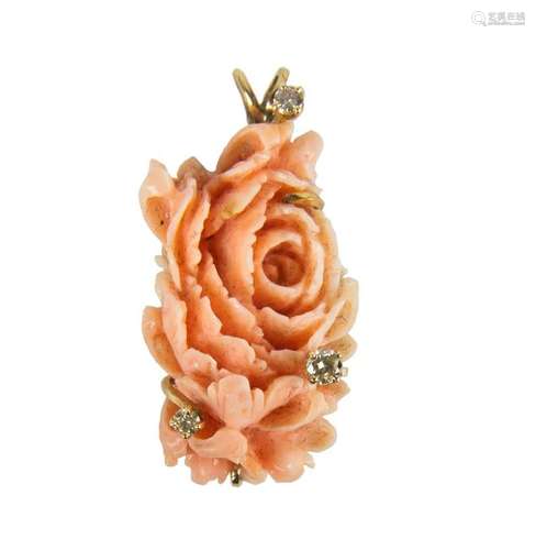 Pendant with Carved Pink Coral and Diamonds