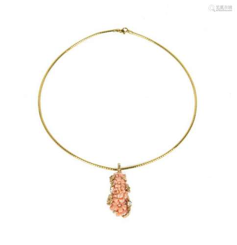 14K Gold & Carved Pink Coral with Diamond Pendant