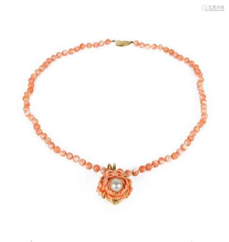 14K Gold & Carved Pink Coral with Pearl Necklace