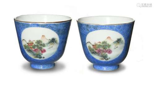 Pair of Blue Ground Famille Rose Cups, Republic