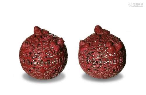 Pair of Chinese Carved Porcelain Orbs, 19th Century