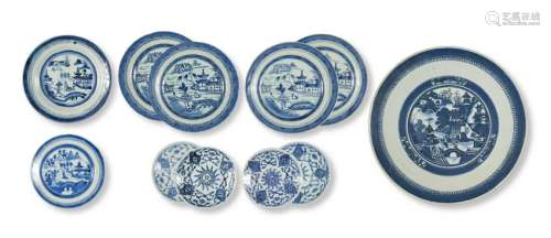 (11) Canton Export Blue & White Plates, 19th Century