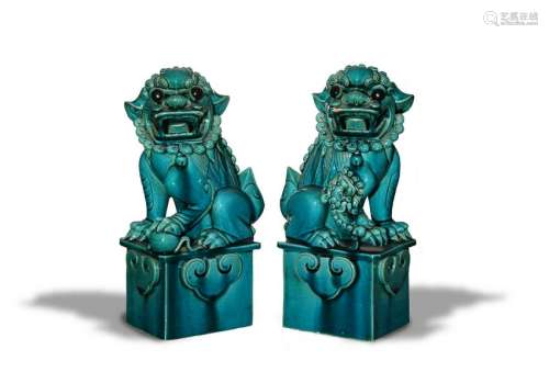 Chinese Pair of Blue Glazed Porcelain Lions, Qing