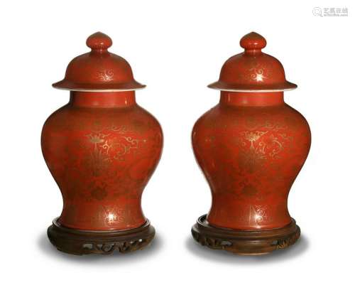 Pair of Chinese Coral Ground Jars, Late 19th Century