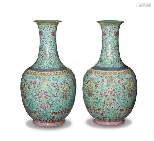 Pair of Turquoise Famille Rose Vases, Republic