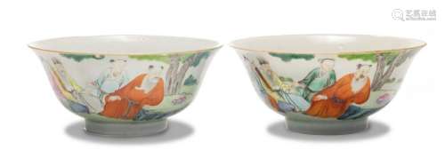 Pair of Famille Rose Bowls with 8 Immortals, Jiaqing