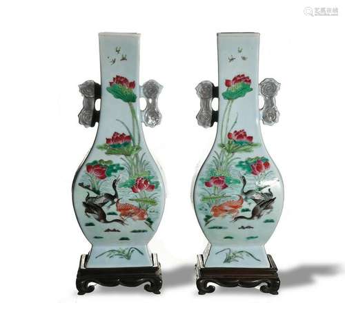 Pair of Famille Rose Square Vases, Early 20th Century